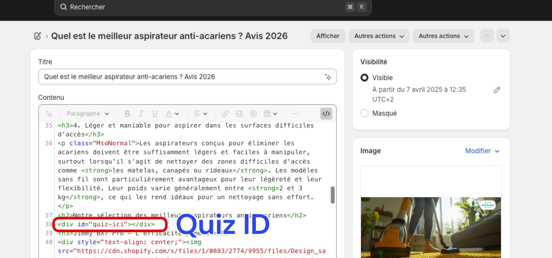 Mettre quiz dans blog shopify seo