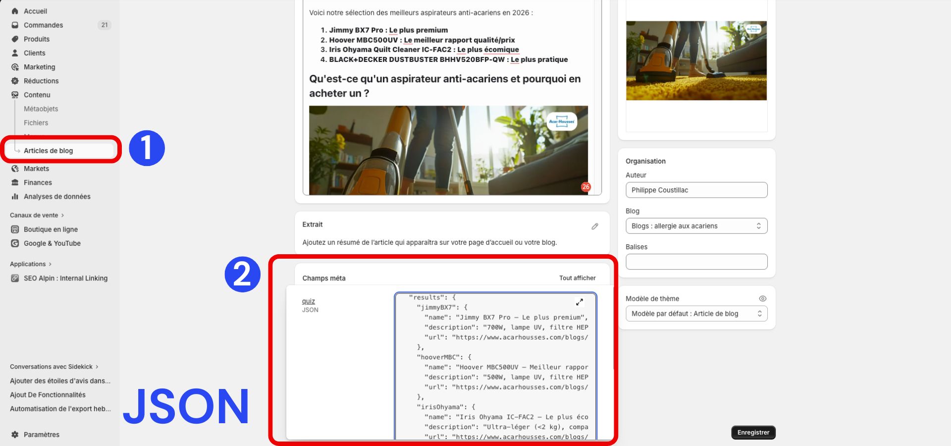 ajouter JSON quiz shopify