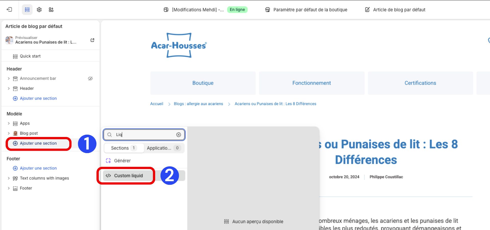 ajouter liquid personnalise article quiz shopify