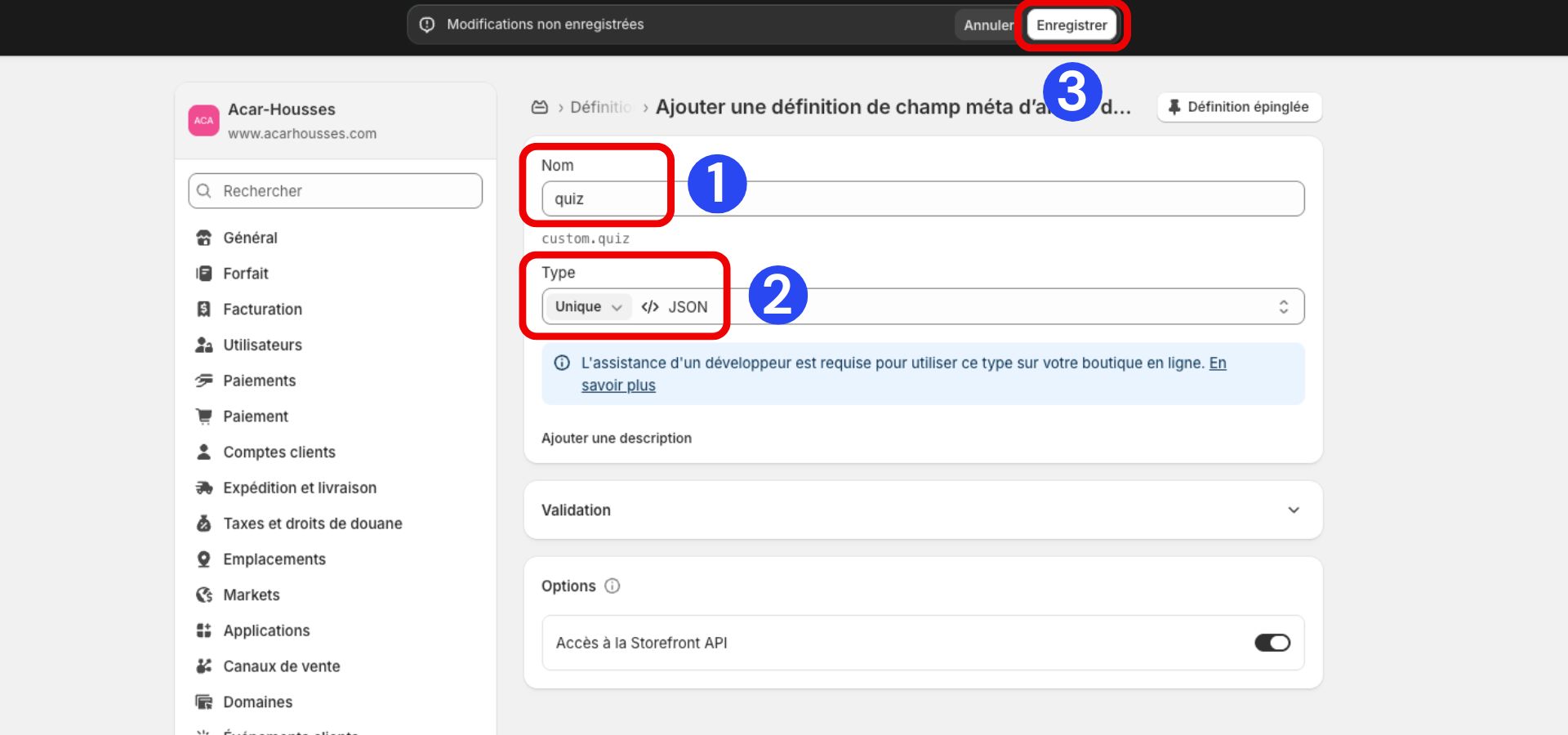 ajouter metadonnée quiz shopify