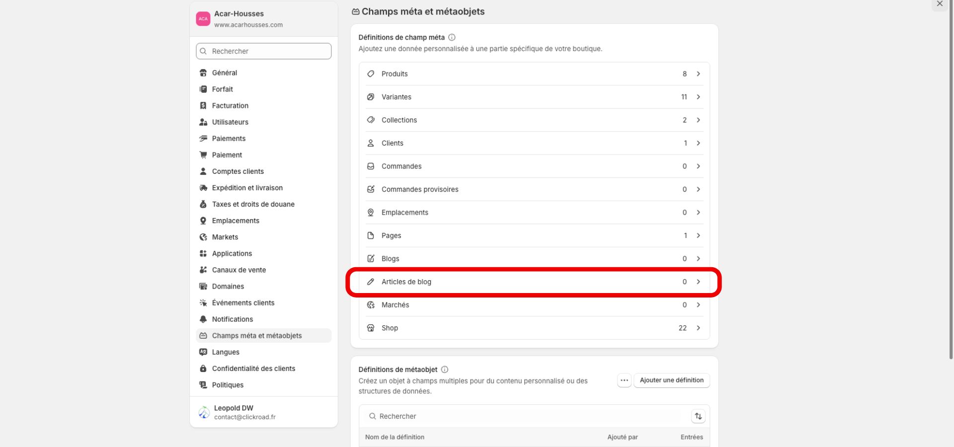 ajouter metafield quiz shopify
