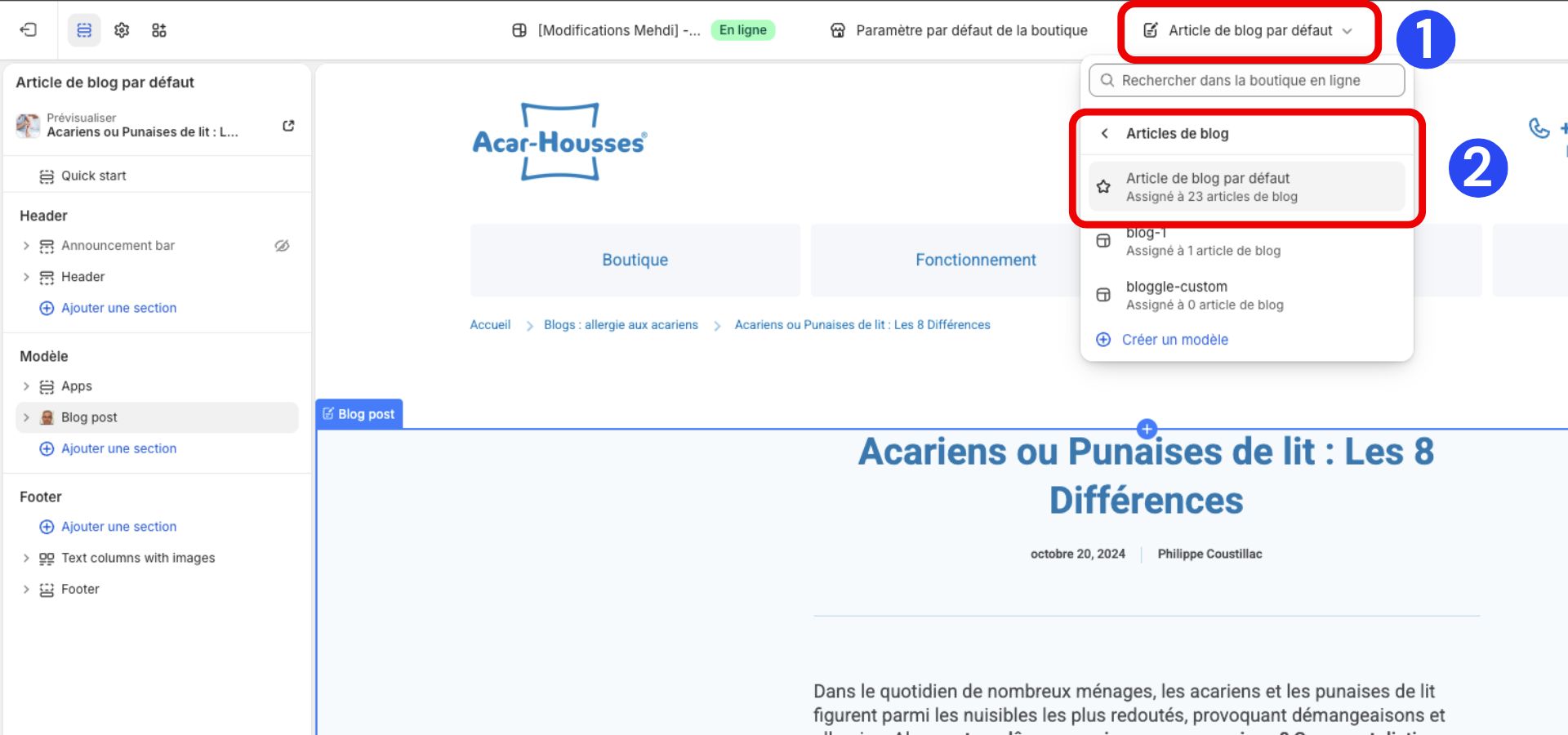 modifier article quiz shopify