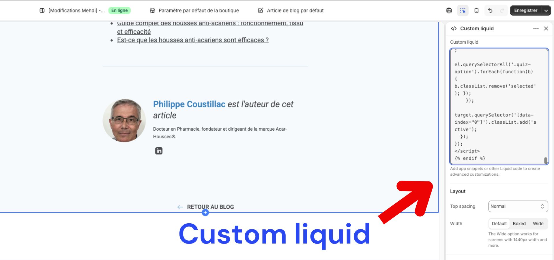 modifier custom liquid quiz shopify