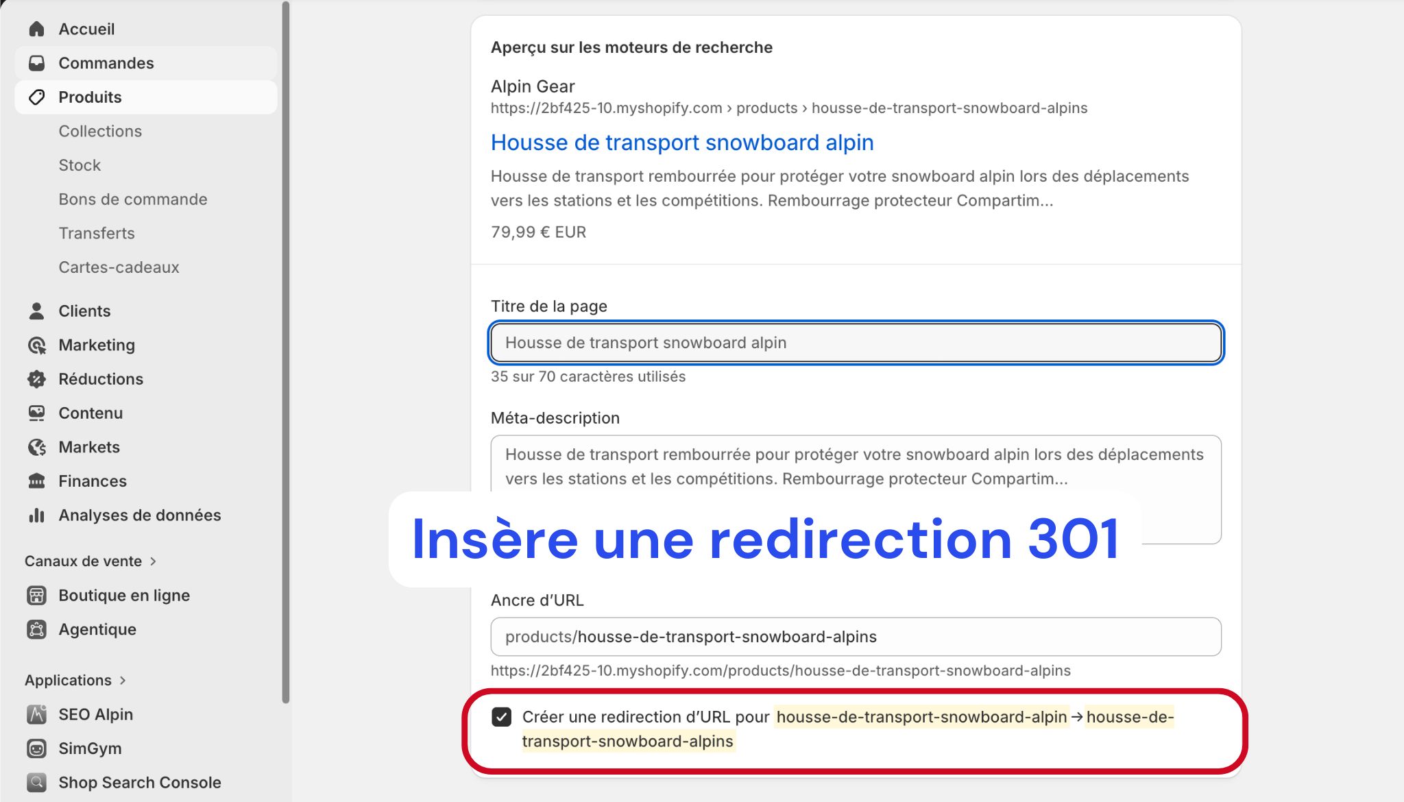 Insère une redirection 301
