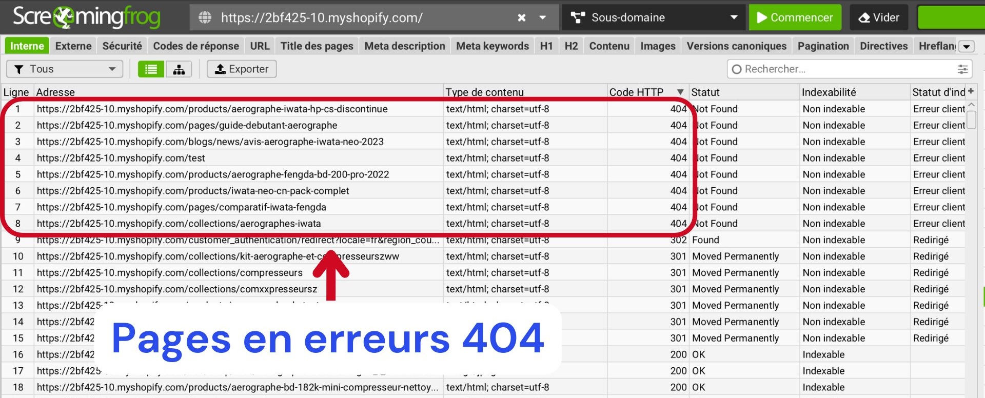 Pages en erreurs 404 screaming frog