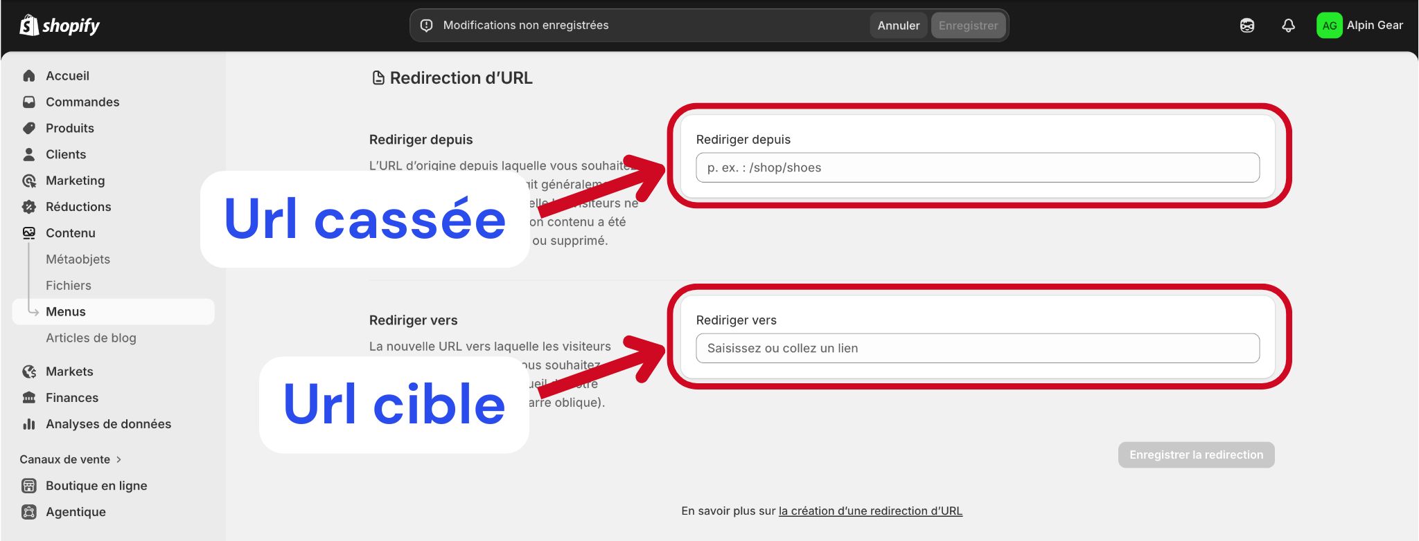 redirections shopify admin