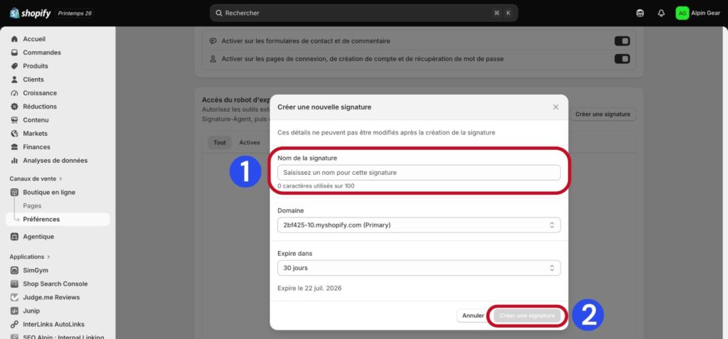 Menu Boutique en ligne puis Préférences dans l'admin Shopify pour accéder au crawler access