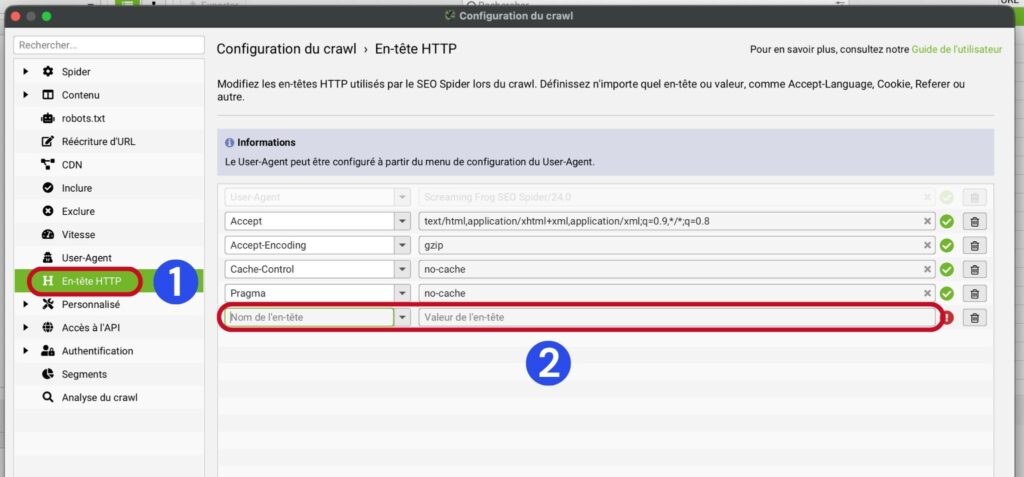 Signature Web Bot Auth collée dans la section HTTP Header de Screaming Frog