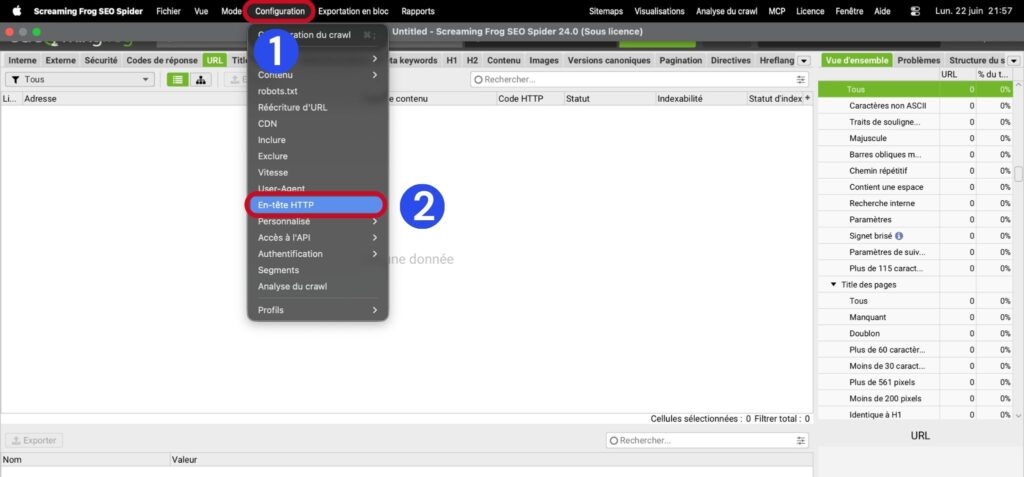 Ouverture de Configuration puis HTTP Header dans Screaming Frog pour autoriser le crawl Shopify