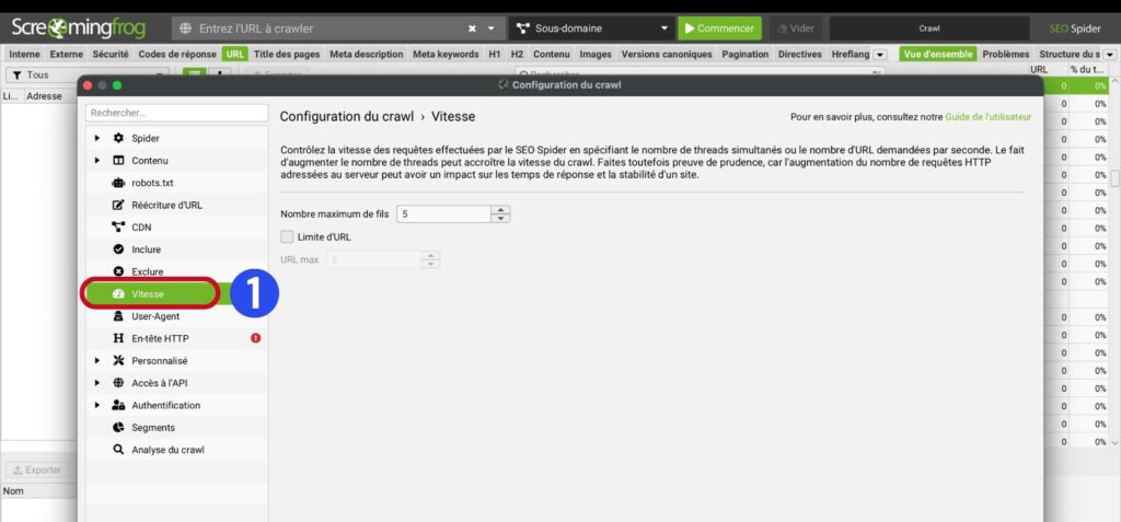 Réglages Configuration Speed de Screaming Frog : Max Threads et Max URLs per Second réduits