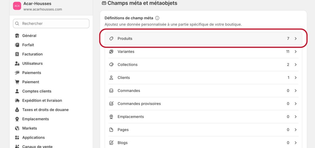 configuration d’un metaobject faq_item dans Shopify admin