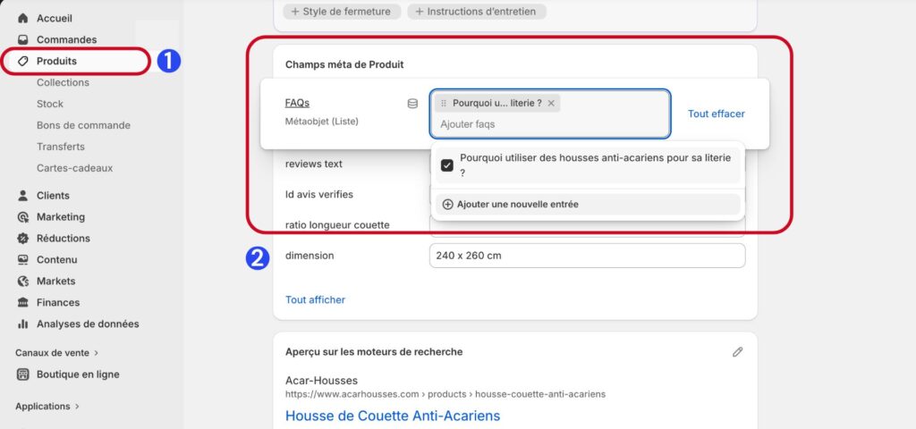 saisie de contenu FAQ directement dans une fiche produit Shopify