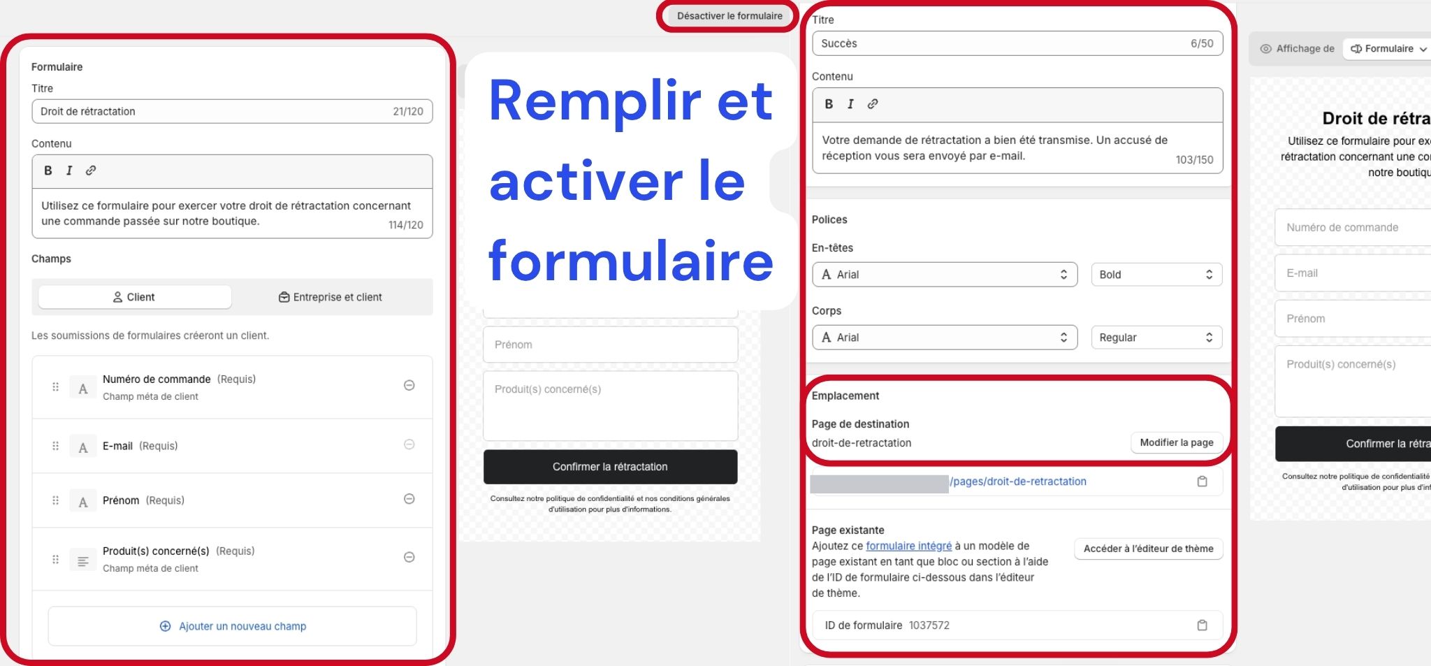 Configurer les champs et le message de confirmation du formulaire de rétractation Shopify