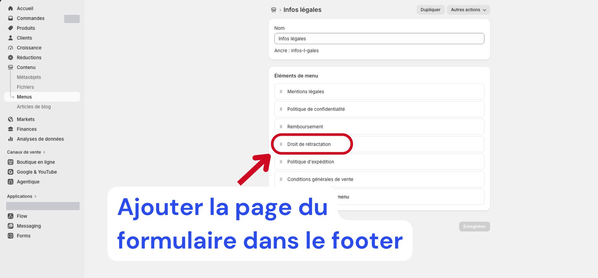 Ajouter le lien Droit de rétractation dans le menu footer de Shopify