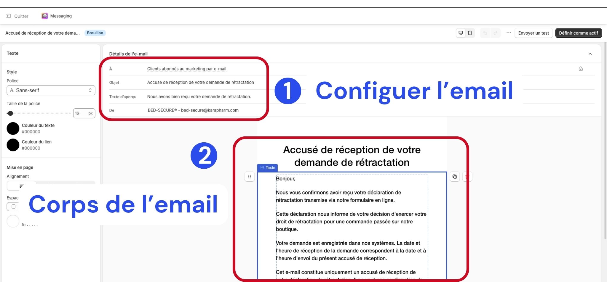 Rédiger le corps de l'e-mail d'accusé de réception de rétractation dans Shopify Messaging