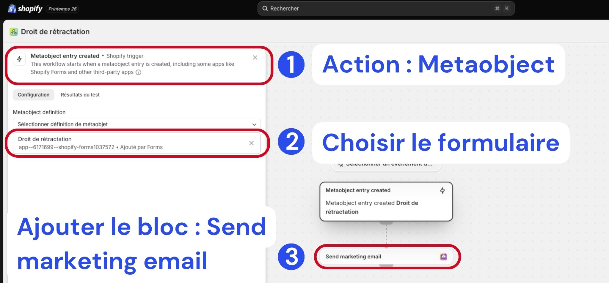 Configurer le déclencheur Metaobject et l'action Send marketing email dans Shopify Flow