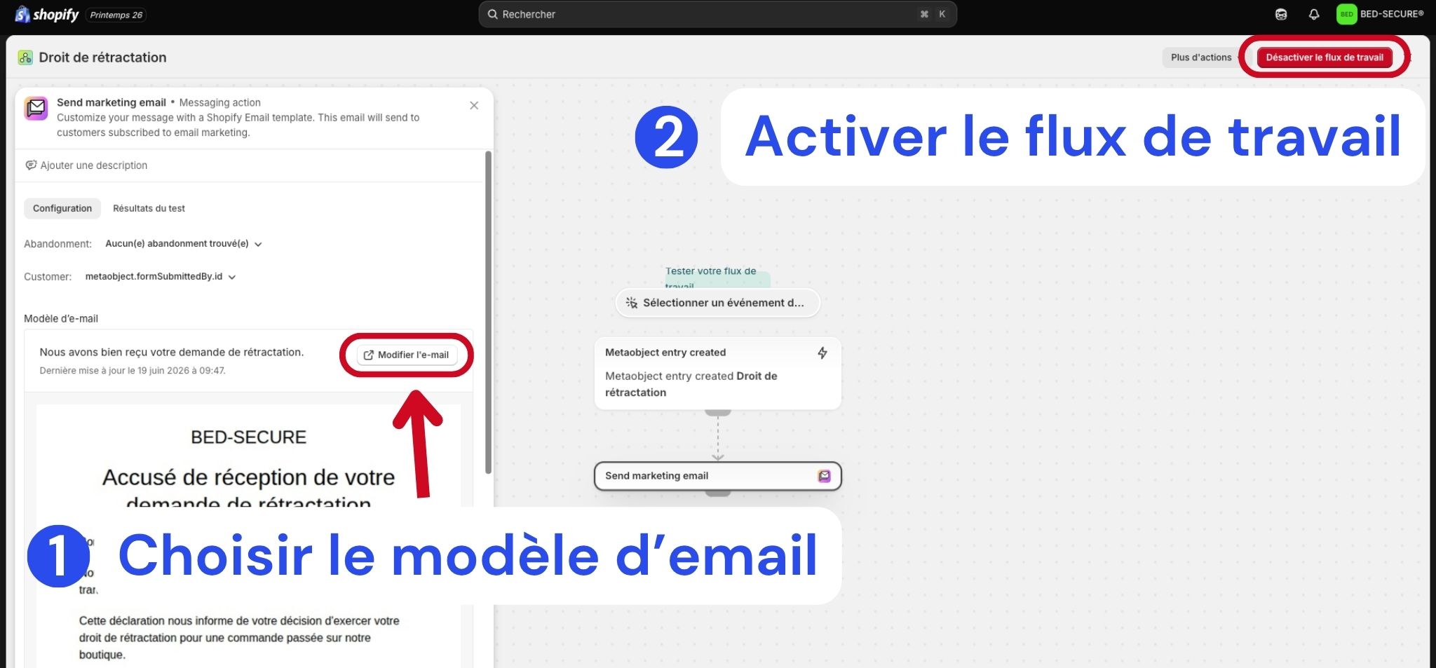 Relier le modèle d'e-mail et activer le flux de travail de rétractation dans Shopify Flow