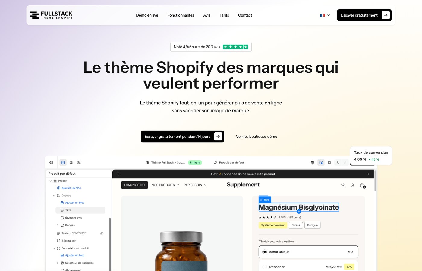 Thème Shopify FullStack, éditeur de blocs et page produit optimisée pour le SEO