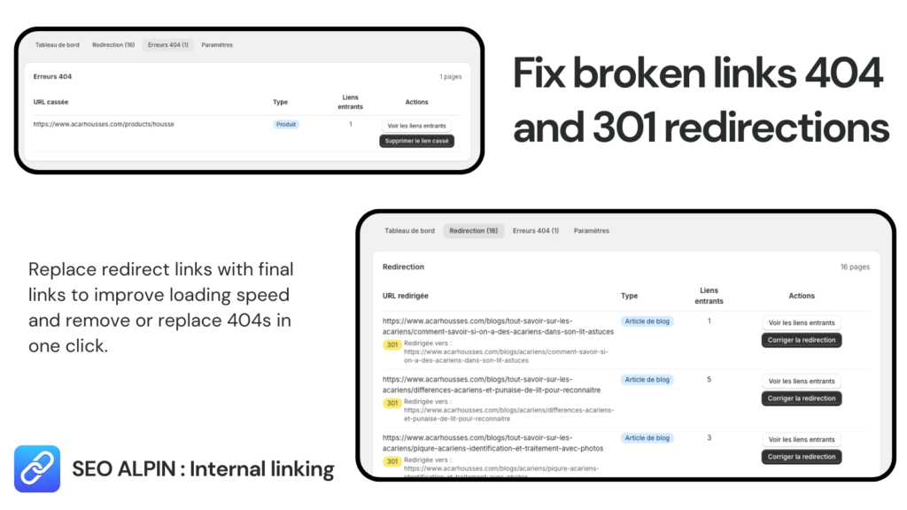Capture de l'application SEO Alpin : Internal Linking sur le Shopify App Store